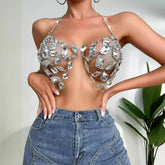 Shiny Crystal Pendant Backless Halter Bra