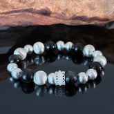 Handcrafted Black Onyx and Textured Silver Bead Bracelet — Luxurious Stretch Crystal Bracelet Adorned with Rhinestone Accents
