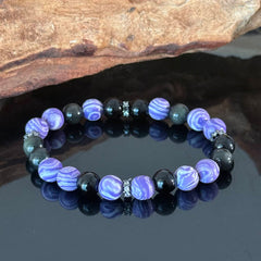 Natural Purple Agate & Obsidian Crystal Handmade Bracelet — Protective Energy Elastic Beaded Gemstone Bracelet