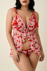 Plus Size Seduction Lace Mesh See-through Slip Dress Set