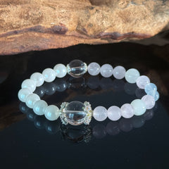 Aquamarine & Rose Quartz Crystal Bracelet with Clear Quartz Center Bead – Handmade Healing Energy Bracelet