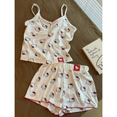 Kitten Print Suspender Pajama Shorts Set