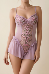 Deep V-neck Floral Embroidered Open-crotch Bodysuit