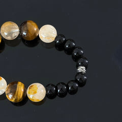 Handcrafted Tiger's Eye & Clear Quartz Beaded Bracelet — Black Agate Protective Energy Stretch Bracelet