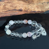 Clear Quartz & Frosted Crackle Agate Bracelet with Silver Charm – Healing Crystal Stretch Manual Bracelet