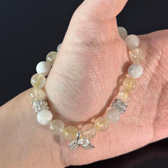 Handcrafted Titanium Quartz & White Jade Beaded Bracelet (with Crystal Pendant) — Elegant Healing Gemstone Stretch Bracelet