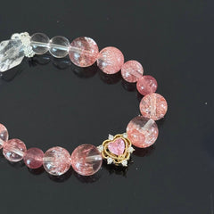 Handcrafted Bracelet featuring Natural Strawberry Quartz and Clear Quartz — Adorned with a Heart Pendant, Infused with Healing Energy and Love