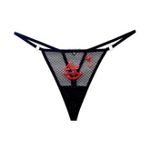 "Love" Red Lips Embroidery Mesh Women Thong with Diamonds