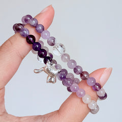 Amethyst & Clear Quartz Bracelet with Silver Cat Charm