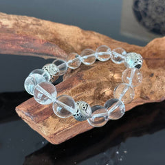 Clear Quartz Manual Beaded Bracelet with Silver Charm — Minimalist Healing Crystal Stretch Bracelet