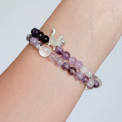 Amethyst & Clear Quartz Bracelet with Silver Cat Charm