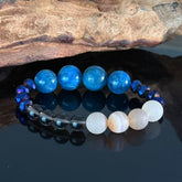 Handcrafted Blue Apatite & Frosted Agate Crystal Bracelet — White Crystal & Faceted Glass Bead Energy Healing Bracelet