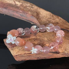 Pink Strawberry Quartz and Rose Crystal Bracelet – Handmade Gemstone Elastic Bracelet