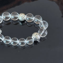 Clear Quartz Manual Beaded Bracelet with Silver Charm — Minimalist Healing Crystal Stretch Bracelet