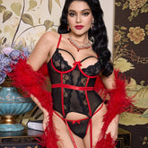Black Retro Style Underwire Bra with Red Bow Mesh Button Placket Lingerie Set