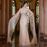 Elegant Beaded Cape Sleeves Evening Gown