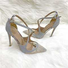 Glitter Sequined Cross Strap Women's High Heel Pumps