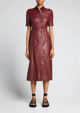 Handmade Lambskin Leather Women's Mid Calf Shirt Dress