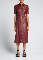 Handmade Lambskin Leather Women's Mid Calf Shirt Dress