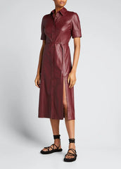 Handmade Lambskin Leather Women's Mid Calf Shirt Dress