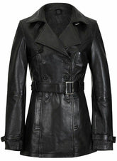 Knee Length Women's Black Leather Trench Coat