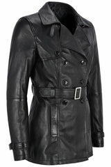 Knee Length Women's Black Leather Trench Coat