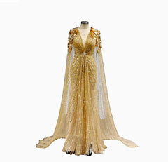 Luxury Gold Full Crystals Beading Evening Skirt Dress