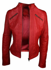 Red Sheepskin Leather Women Zipper Biker Jacket
