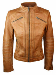 Red Sheepskin Leather Women Zipper Biker Jacket