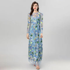 Mesh Flower Embroidered Long Sleeve Dress