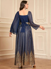 Belted Gold Stamping Kaftan Abaya