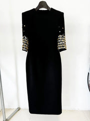 Half Sleeve Rhinestone Beaded Midi Dress