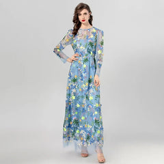 Mesh Flower Embroidered Long Sleeve Dress