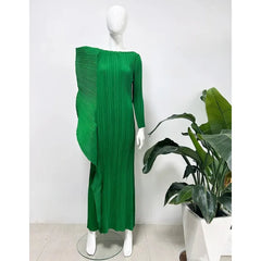 Lapel Pleated Long Sleeve Dress