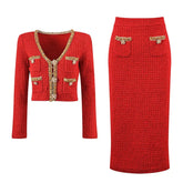 Charming Red Tweed Skirt Set