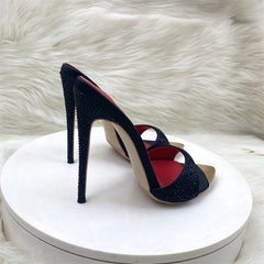 Crystal Black Shiny High Heeled Sandals