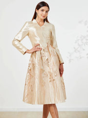 Luxurious Golden Jacquard Midi Skirt Dress