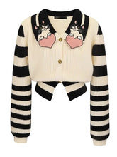 Striped Cartoon Embroidered Knit Cardigan
