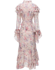 Flare Sleeve Asymmetrical Ruffles Dress