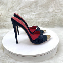 Crystal Black Shiny High Heeled Sandals