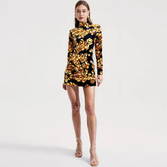 High Collar Mini Velvet Dress