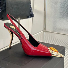 Gemstone Metal Toe Slingback Pumps