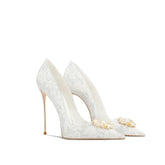 Elegant Lace Bead Flower Stiletto High Heels