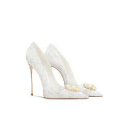 Elegant Lace Bead Flower Stiletto High Heels