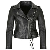 Side Lace Women's Black Leather Jacket