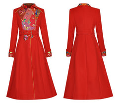 Single-breasted Embroidered Women's Woolen Overcoat