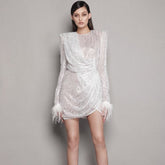 White Sequined Women's Feathers Dress