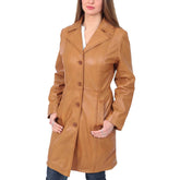Women's 3/4 Length Button Fasten Leather Coat