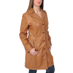 Women's 3/4 Length Button Fasten Leather Coat