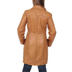 Women's 3/4 Length Button Fasten Leather Coat